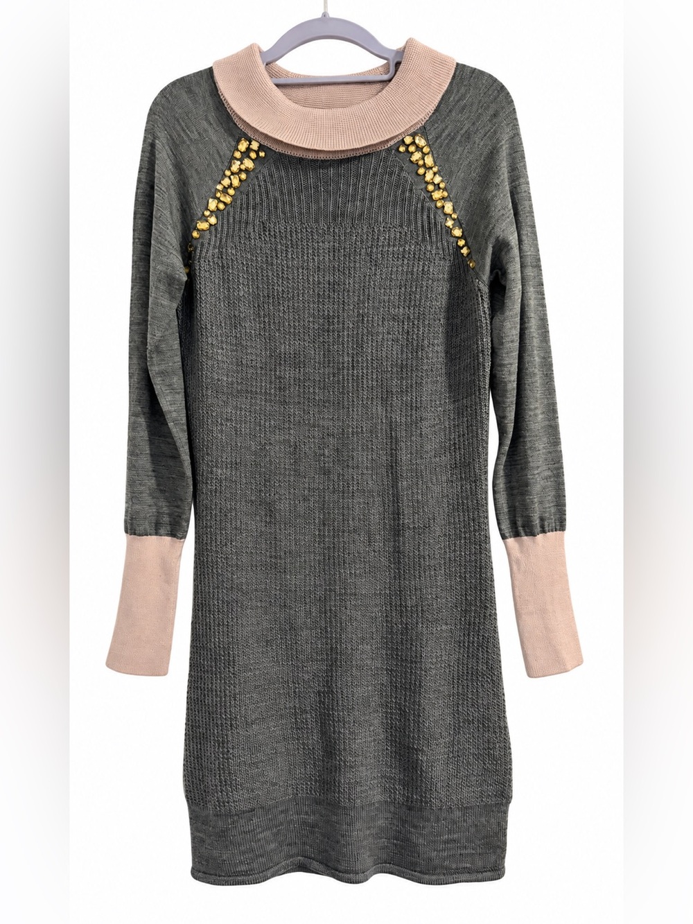 Silvian Heach Italian Olive Gray Sweater Dress Jeweled Cowl Neck Wool Blend S